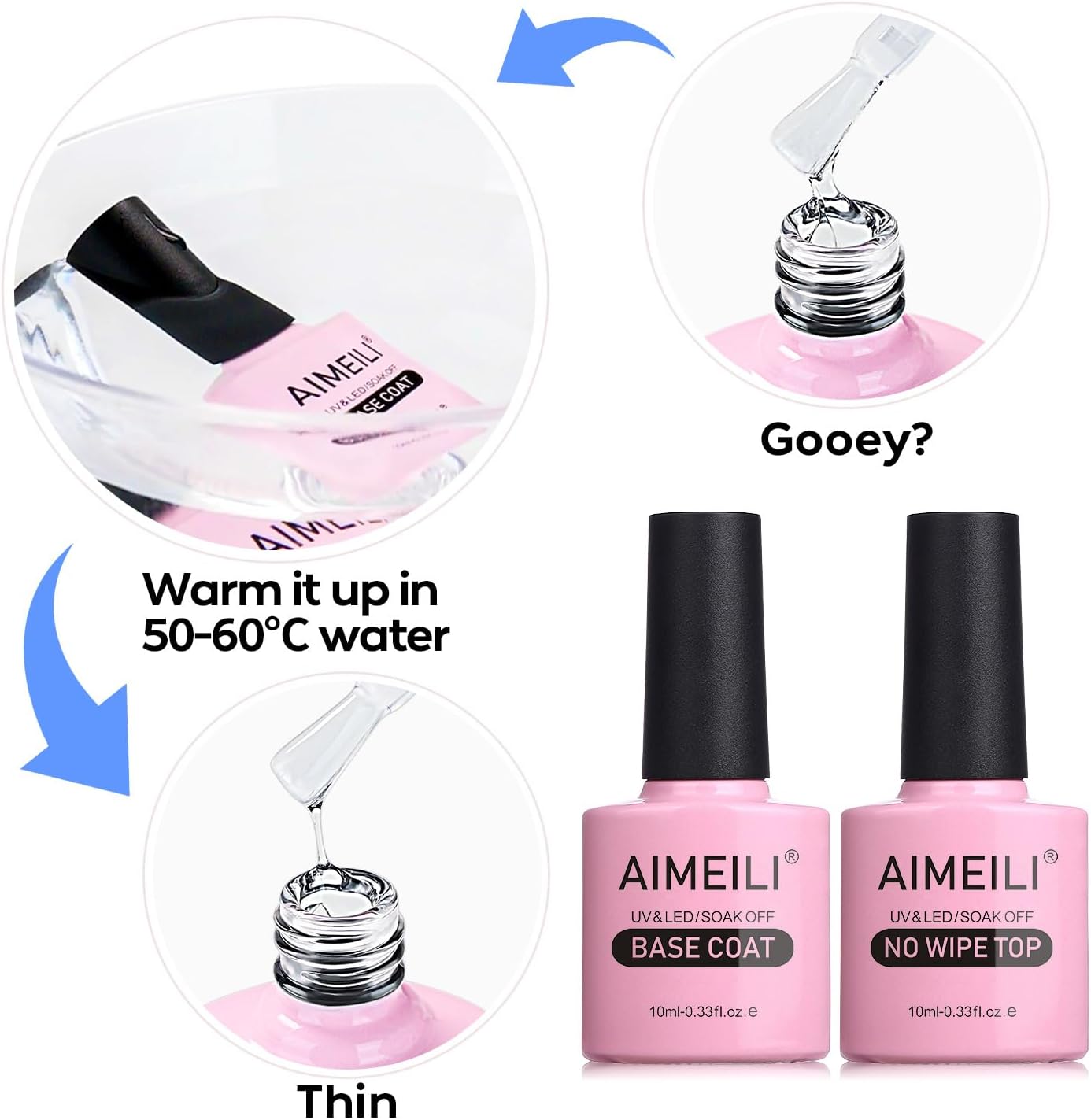 Thumbnail 6 de AIMEILI No Wipe Top Coat & Base Coat semi-permanents – vernis gel UV/LED à brillance miroir (kit 2x10 ml)