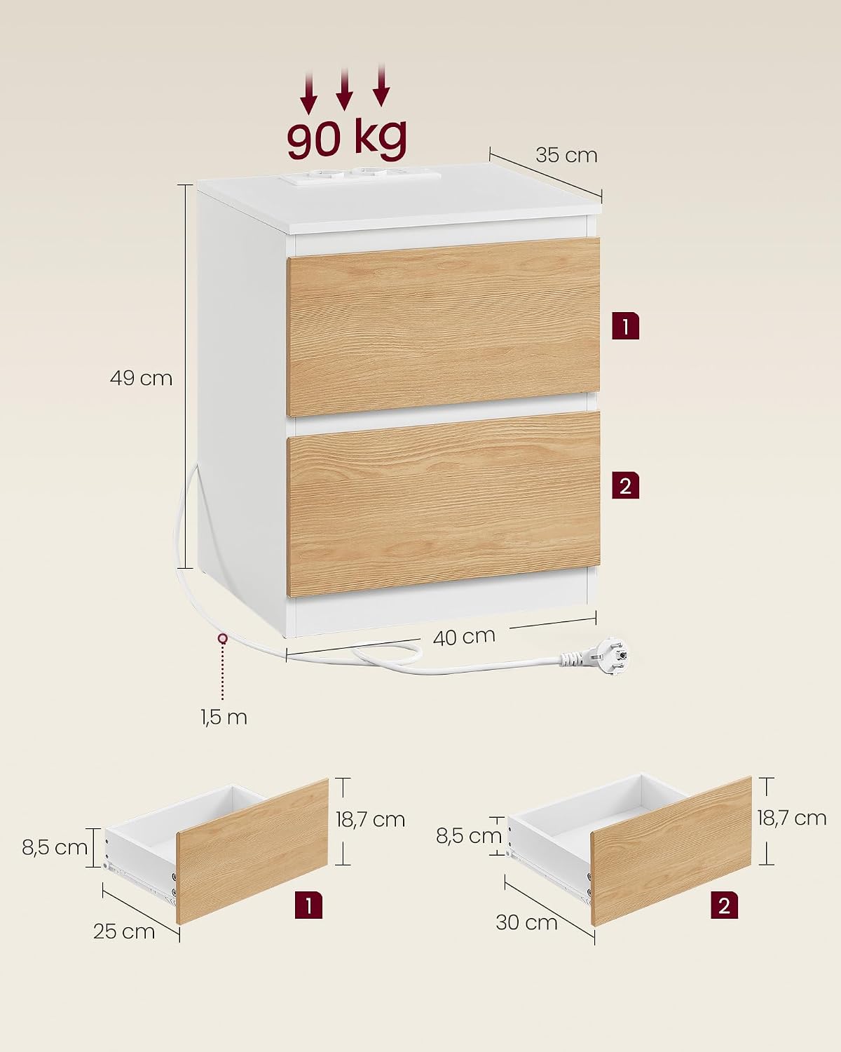 Detalle 2 de VASAGLE Kailyn Collezione - Comodini con Ciabatta Elettrica, Set di 2, bianco nuvola LET821W02