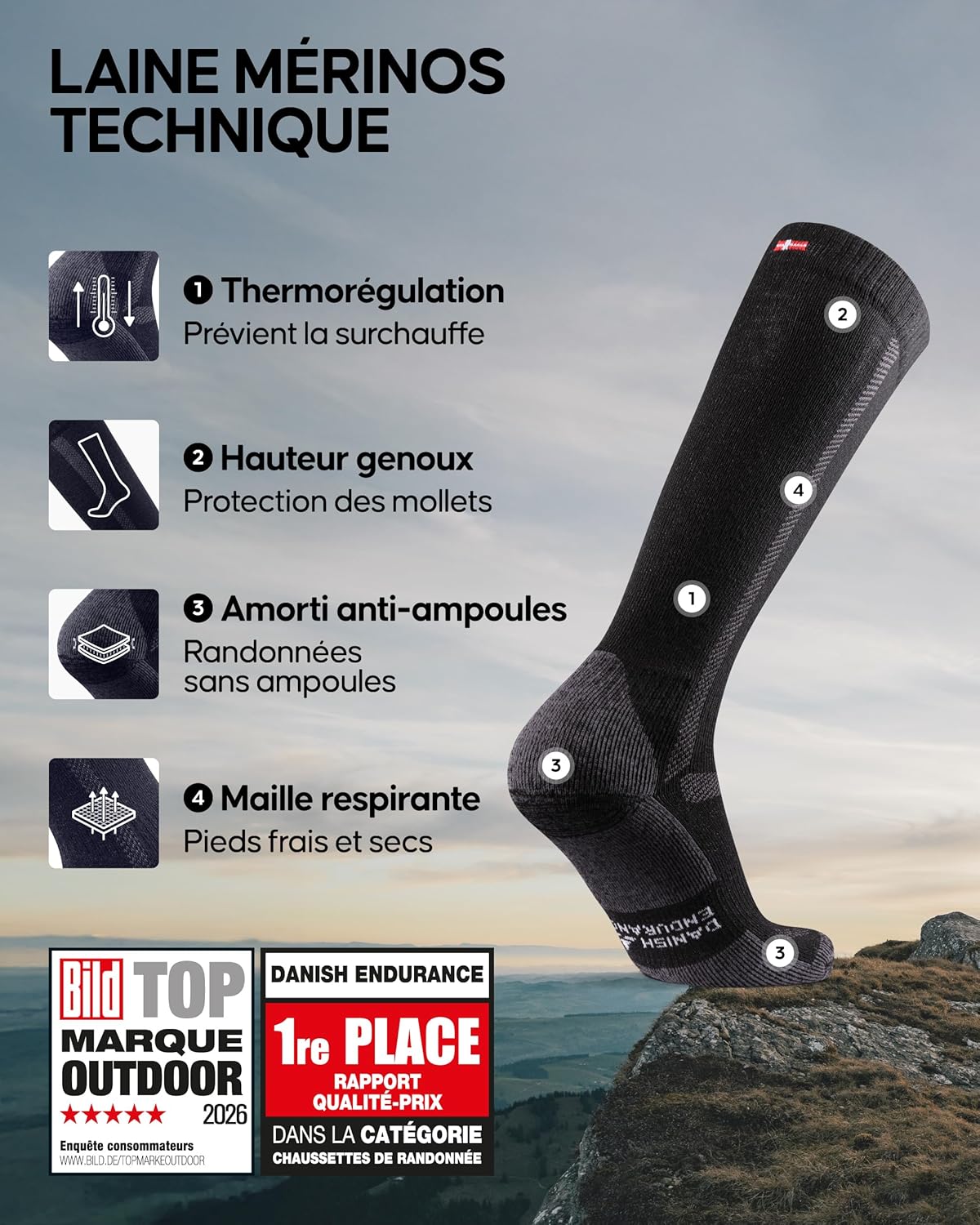 Thumbnail 1 de Chaussettes de randonnée en laine mérinos DANISH ENDURANCE (montantes jusqu’au genou) – Lot 1 ou 3