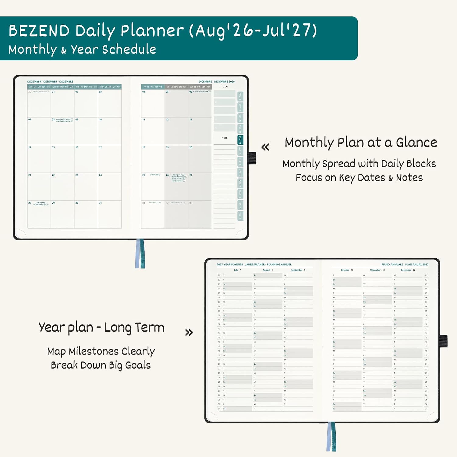 Detalle de BEZEND A5 Academic Diary 2026-2027: Page A Day, 30-Minute Intervals