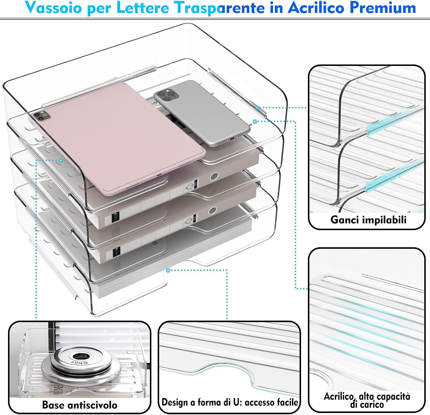 Thumbnail 1 de 4 vassoi per lettere in acrilico trasparenti, impilabili, formato A4