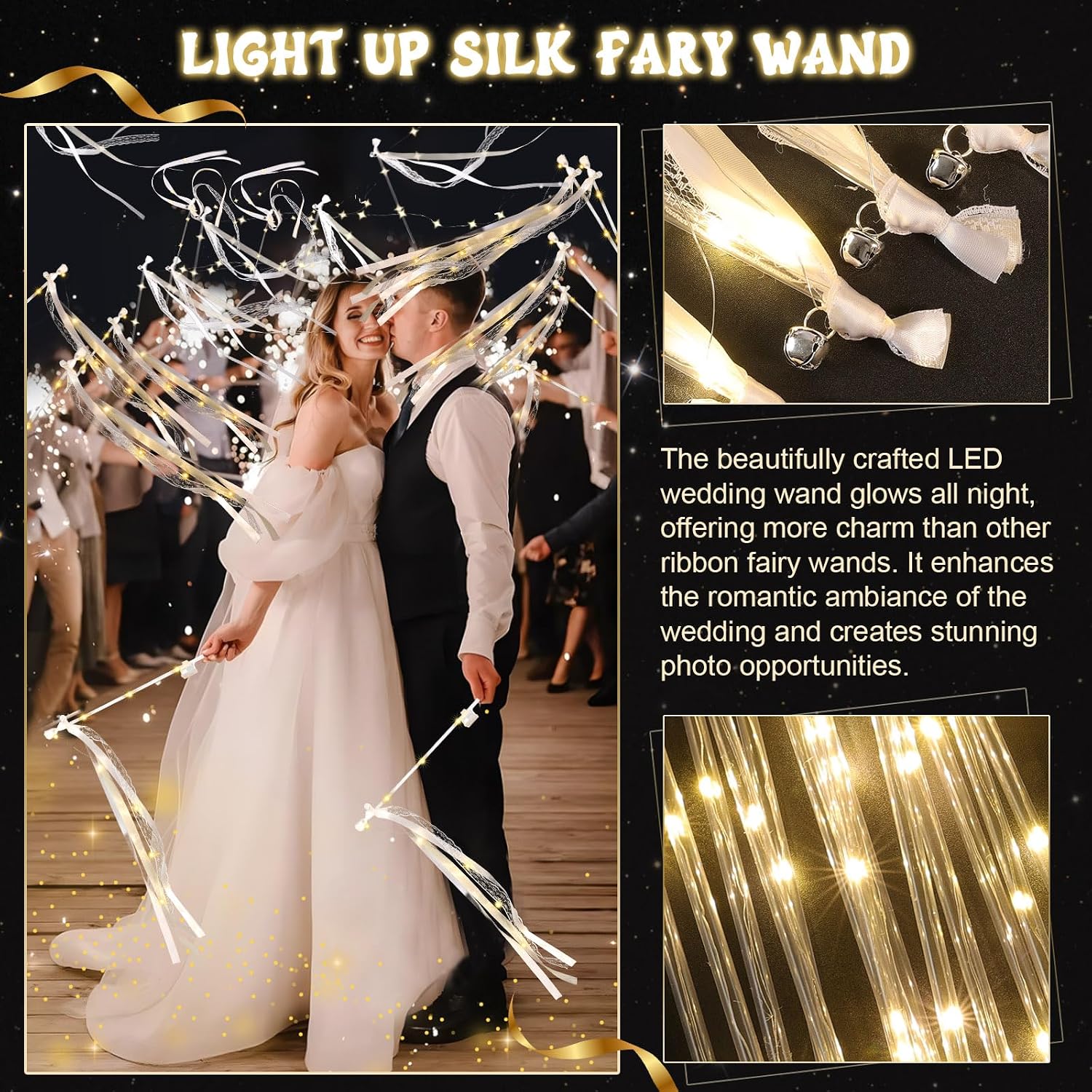 Detalle de 50 Pcs LED Wedding Wands with 3 Flash Modes — Warm White Glow, Ribbons, Bells