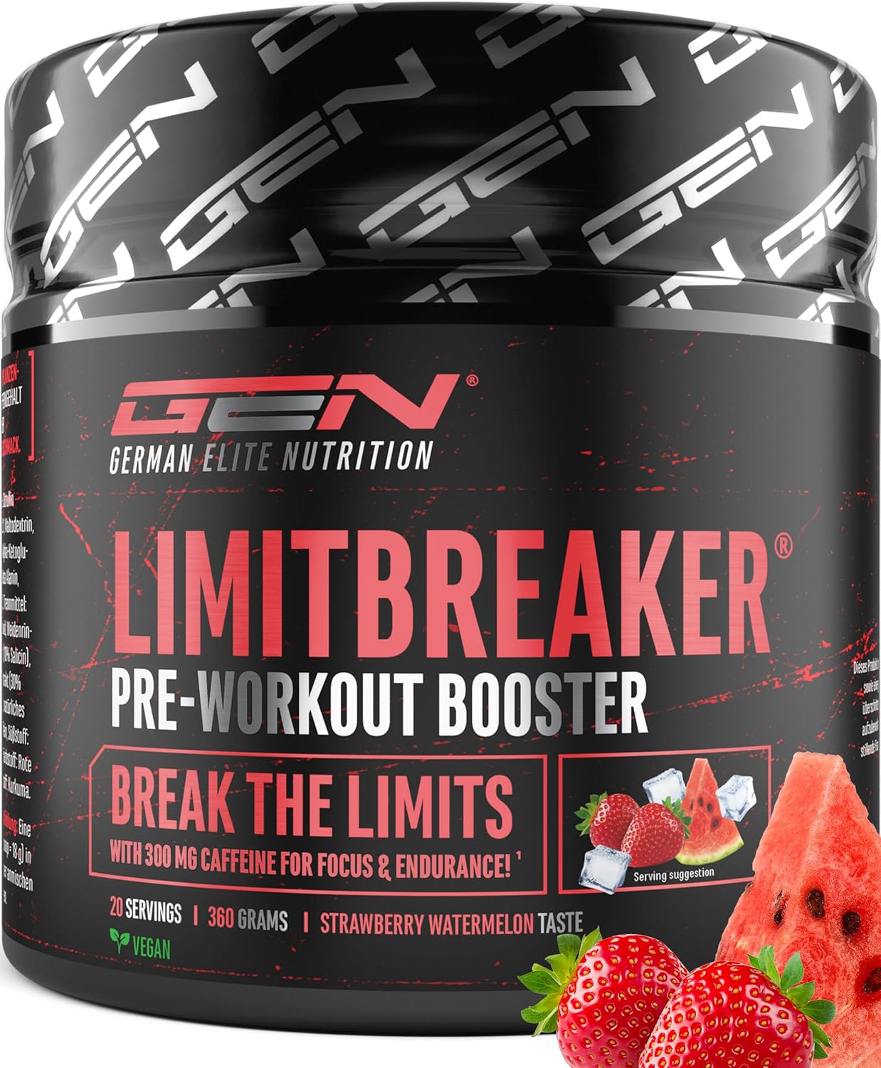 Detalle de LIMITBREAKER Pre Workout Booster mit Koffein 300 mg – Erdbeere Wassermelone, 360 g