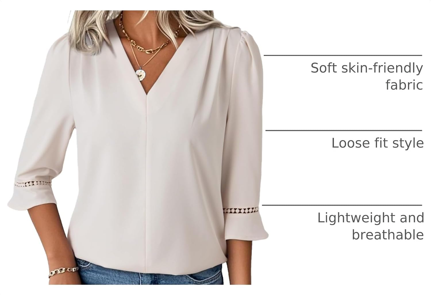 Detalle 2 de EVALESS Women’s 3/4 Sleeve Pleated V-Neck Top for Work & Dressy Casual