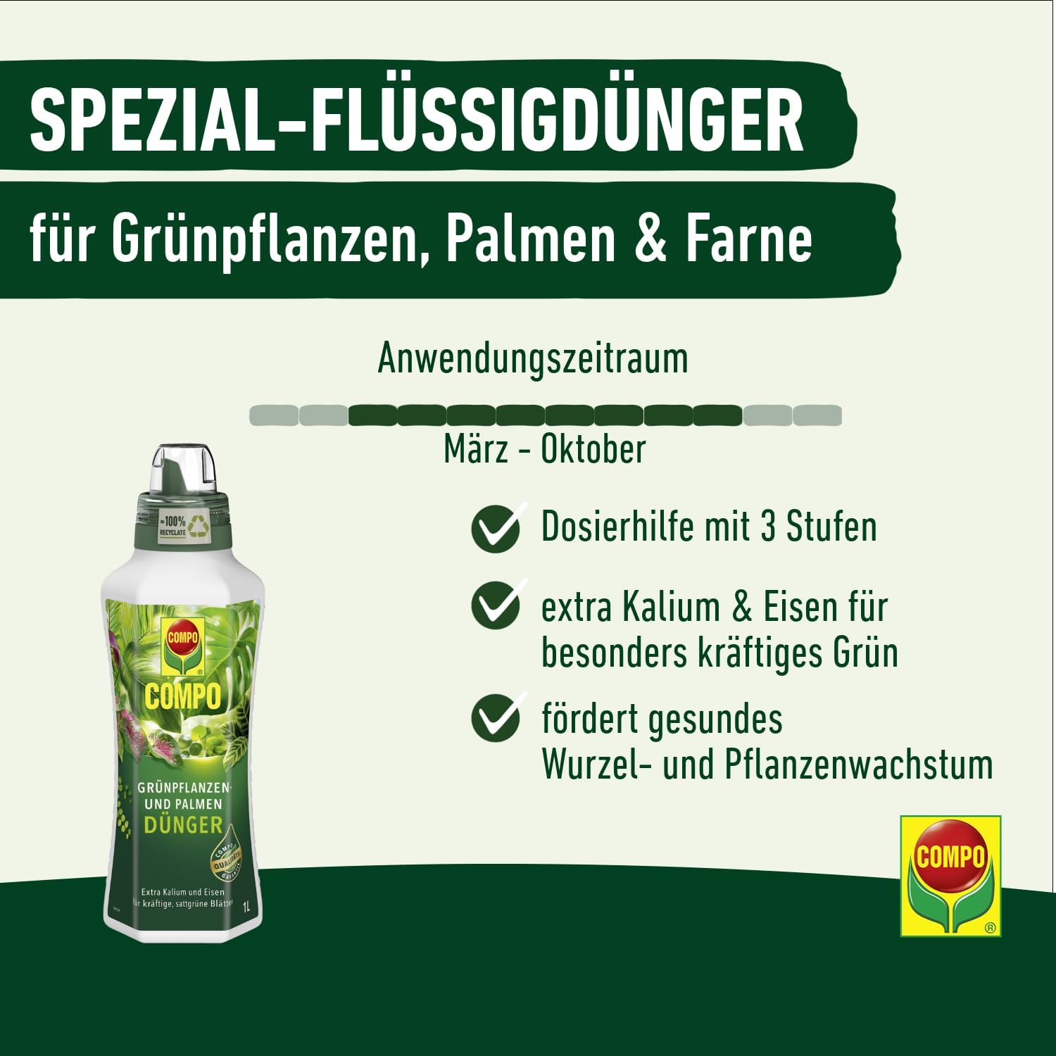 Detalle de COMPO Grünpflanzen- und Palmendünger Spezial-Flüssigdünger, 1 Liter – Zimmer-, Balkon- und Terrassenpflanzen