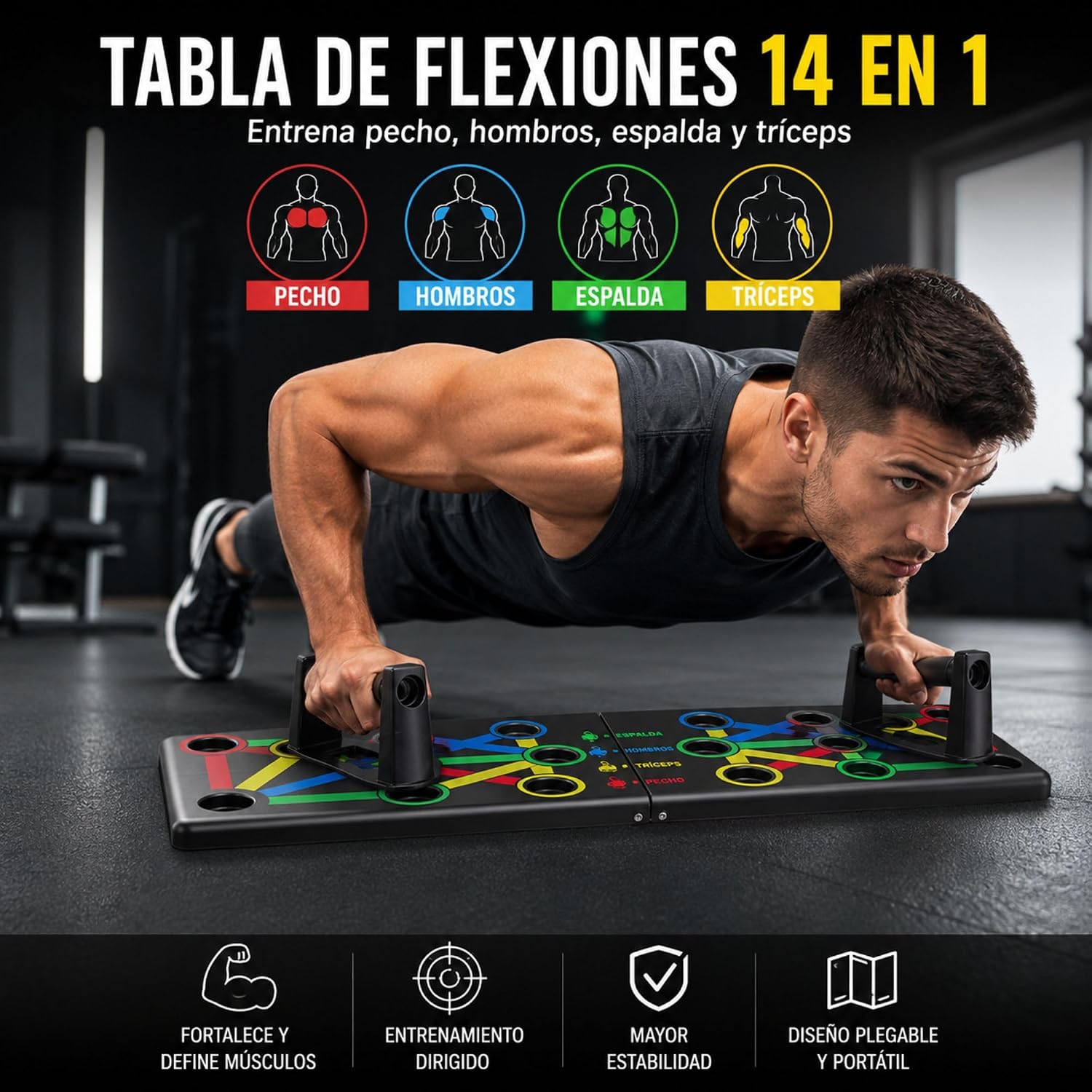 Detalle de MAGIC SELECT 14-in-1 push-up-board met kleurcodes en antislip handgrepen