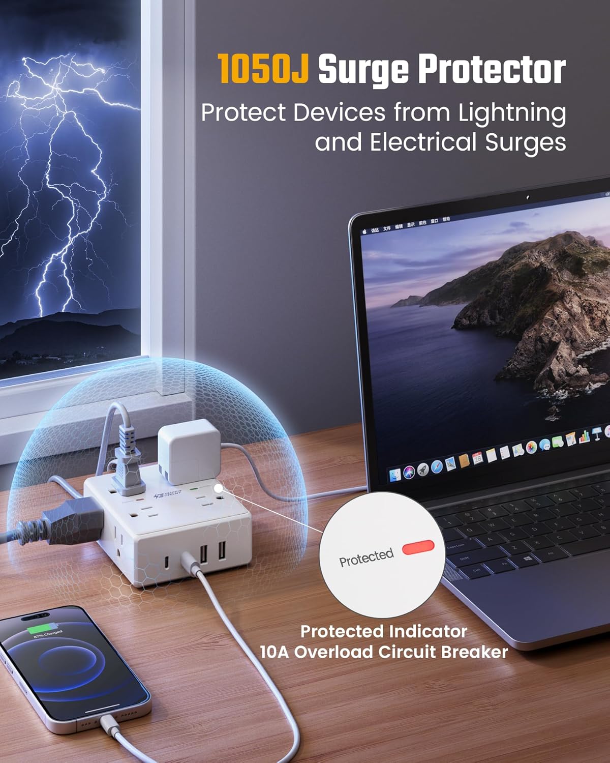 Thumbnail 5 de 10ft Power Strip Surge Protector with 8 Outlets & 4 USB ๐