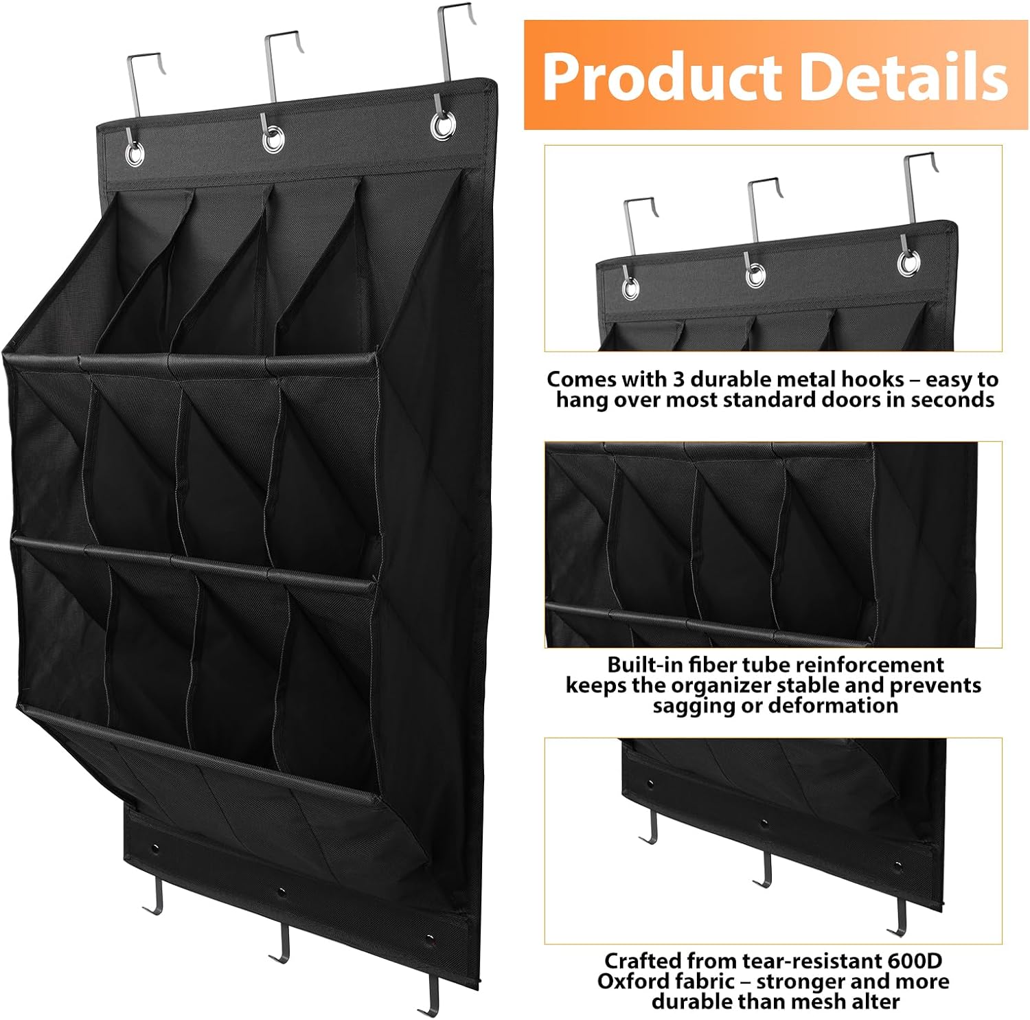 Detalle de FitRepa CADDY wiszący organizer na buty, 12 kieszeni, czarny