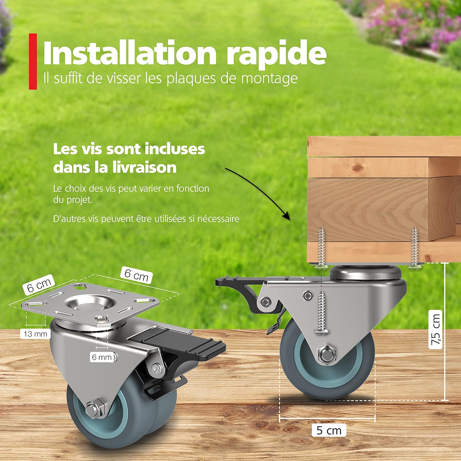 Detalle de RAVN HAMAN : jeu de 4 roulettes pivotantes pour meubles avec frein, 50 mm, jusqu’à 100 kg par roue