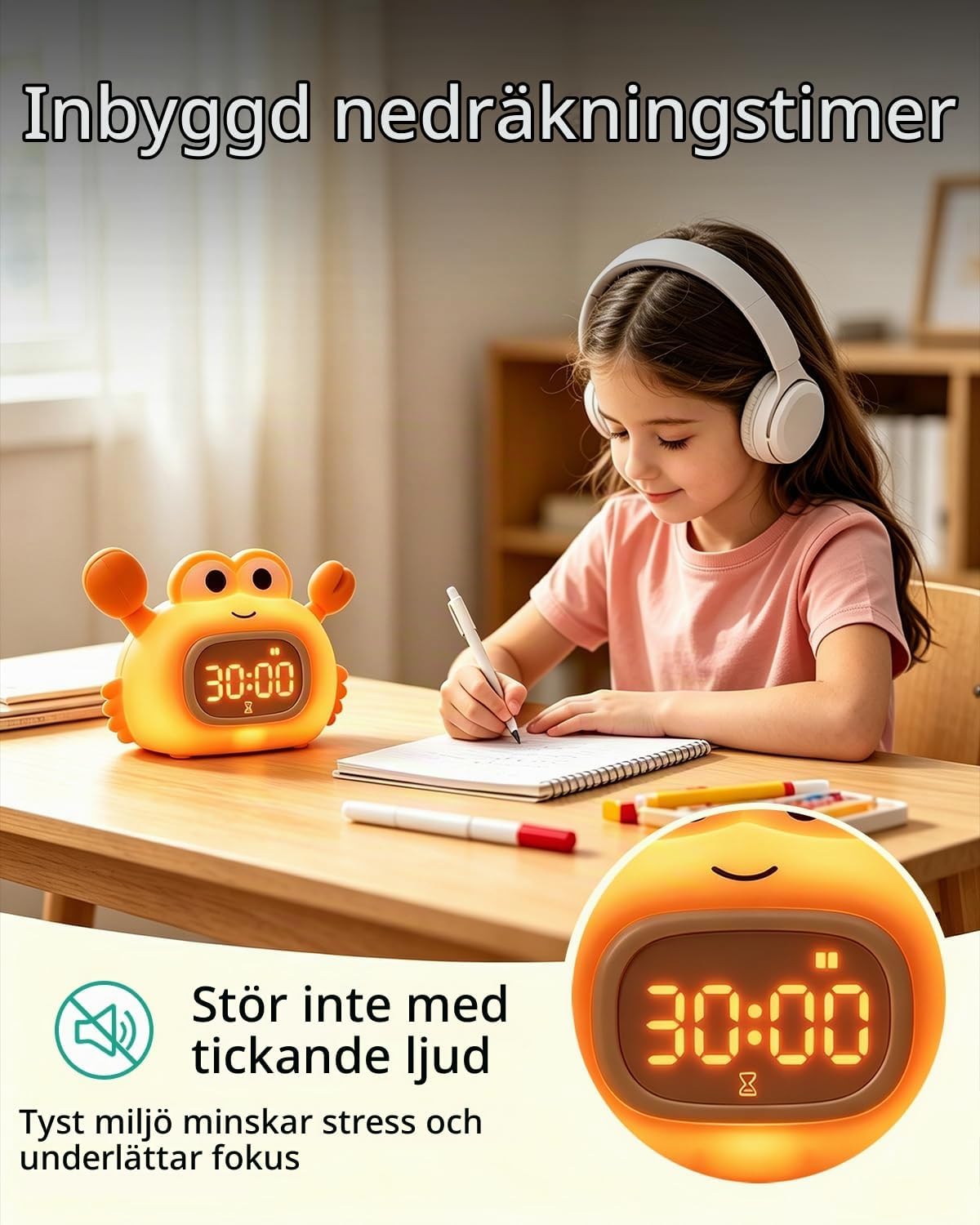 Detalle 1 de ORIA UF212 väckarklocka för barn med nattlampa, krabbform och dubbla alarm