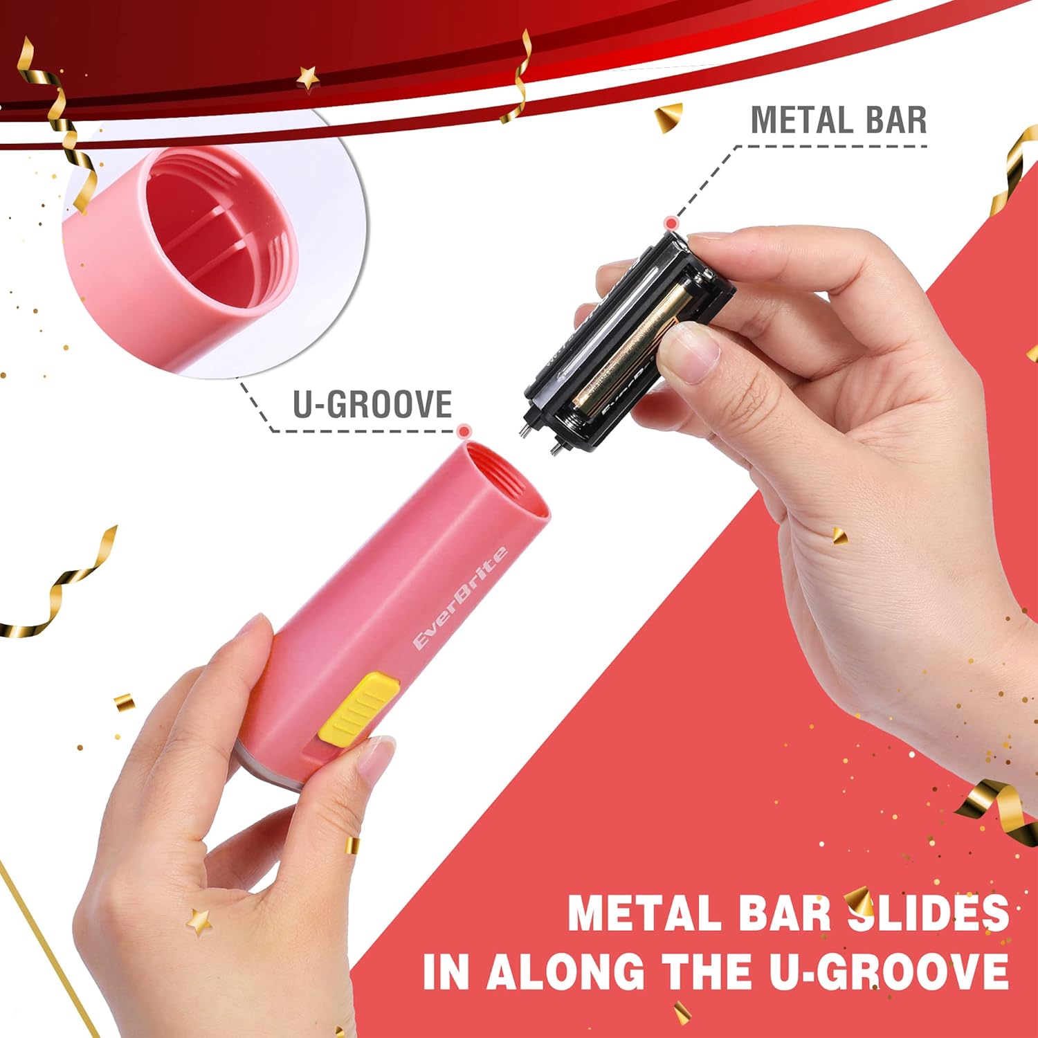 Detalle de EverBrite Mini Lampe de Poche LED (Rouge Corail) — 46 g, 30 lumens, lumière jaune, avec 3 piles AAA incluses