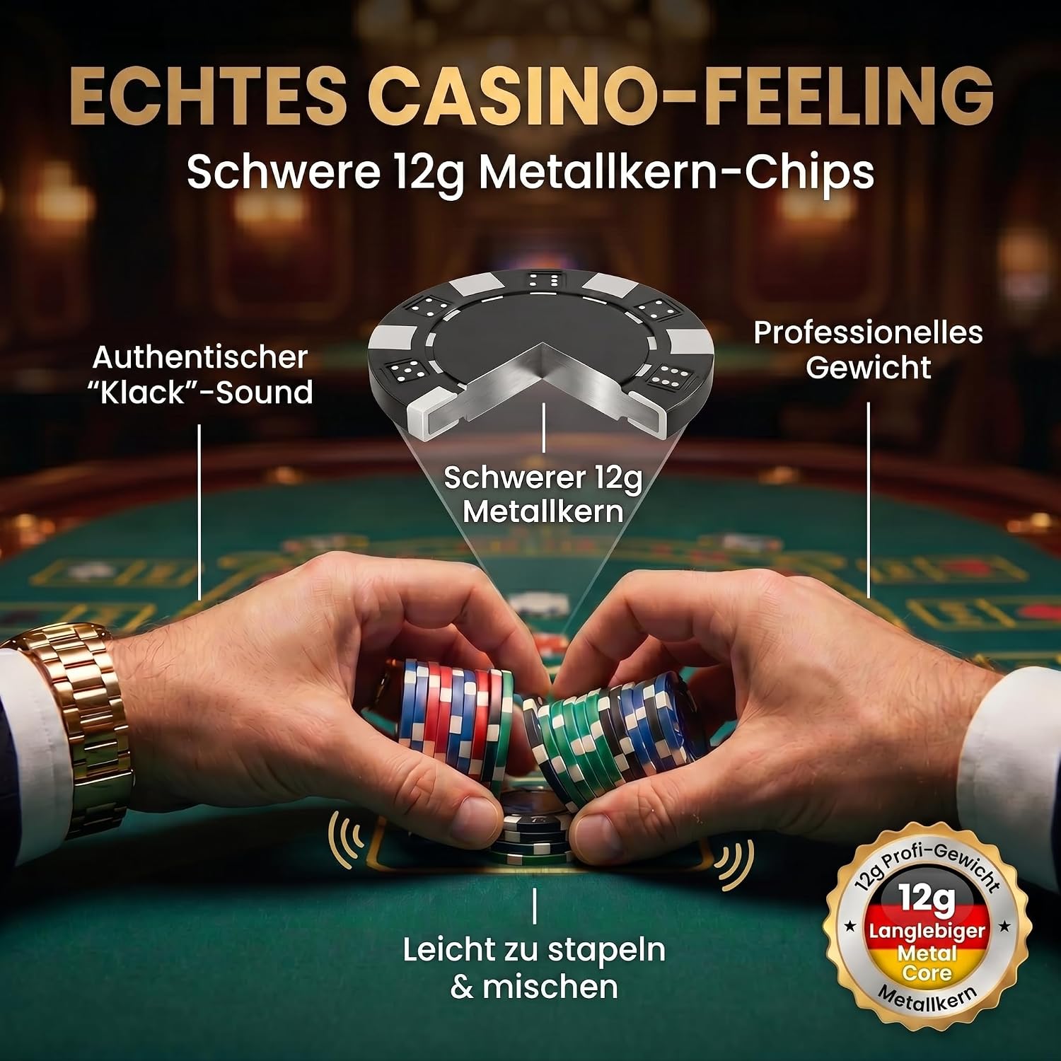Detalle de Profi Pokerkoffer Pokerset inkl. 300–500 schwerer 12g Poker-Chips, Deck, Karten, Würfel, Dealer-Button – abschließbarer Alu-Koffer