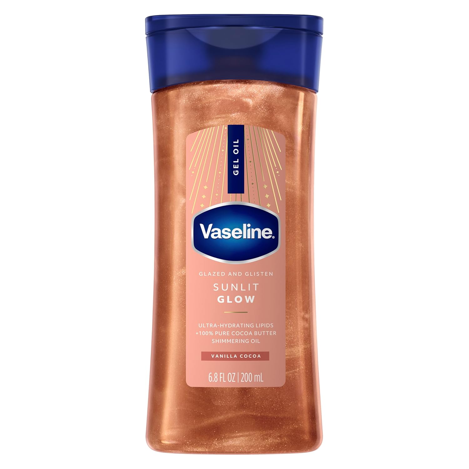 Vaseline Glazed & Glisten Sunlit Glow Body Gel Oil (Vanilla Cocoa Shimmer) with Pure Cocoa Butter, 6.8 Oz