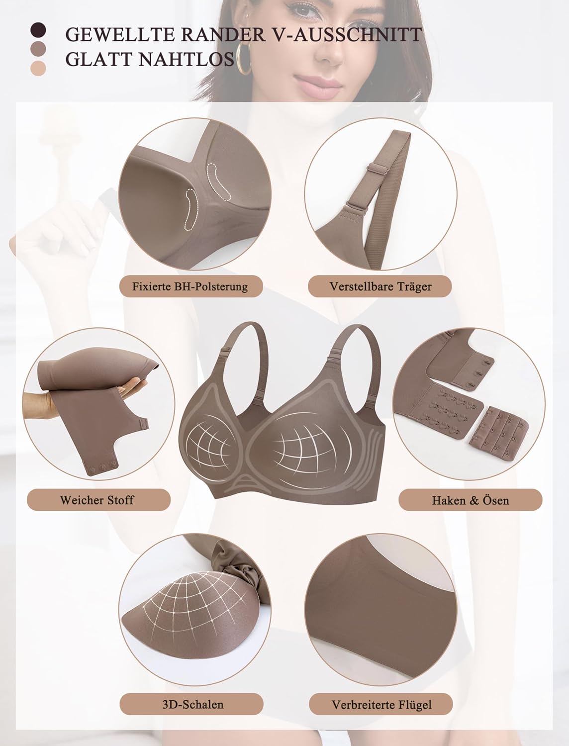 Detalle de Vtelor BH Damen Ohne Bügel Push Up – Nahtloses Top mit tiefem V-Ausschnitt