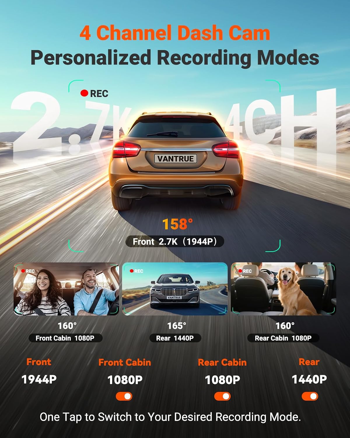 Detalle de Vantrue N5S 4-Channel 360° Dash Cam with 2.7K Front + Dual GPS, 24/7 Buffered Parking Mode, and Voice Control