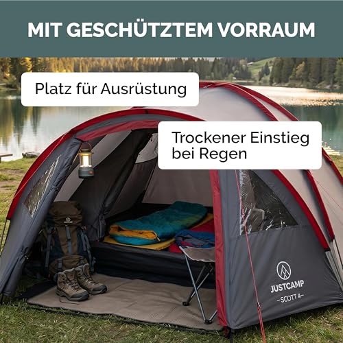 Detalle de JUSTCAMP Scott Camping Zelt 4 Personen – Großes Kuppelzelt mit Schlafkabine, Vorraum und Moskitonetz