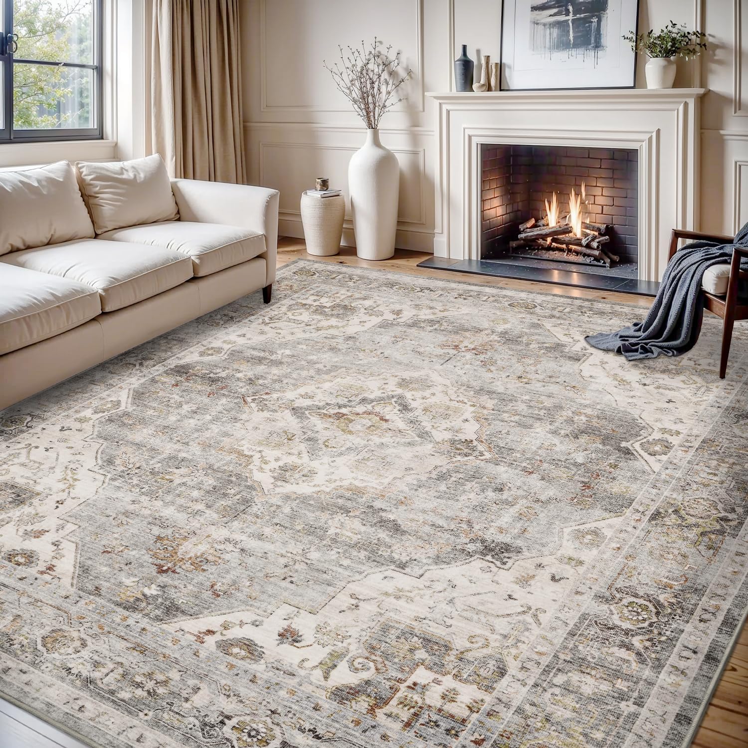 Detalle de MontVoo 8' x 10' Grey Area Rug, Machine-Washable Polyester, Non-Slip Backing