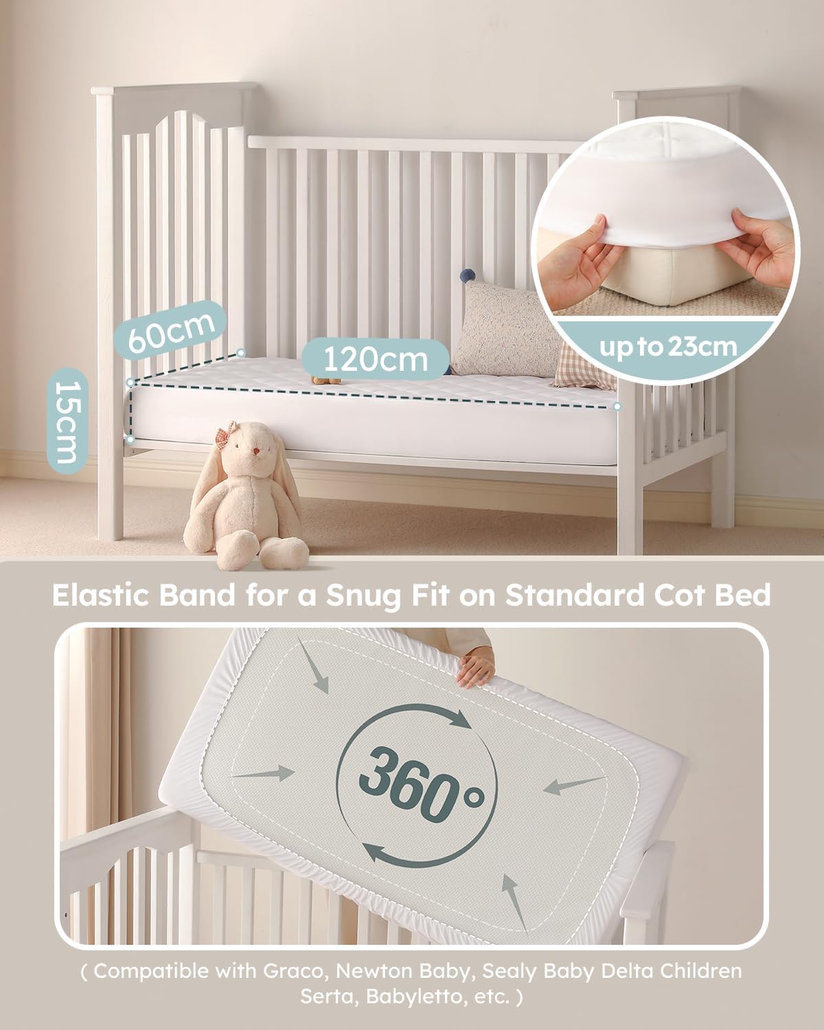 Detalle de Yoofoss Waterproof Cot Bed Mattress Protector (120 x 60 cm) – Breathable, Noiseless Toddler Cot Mattress Cover