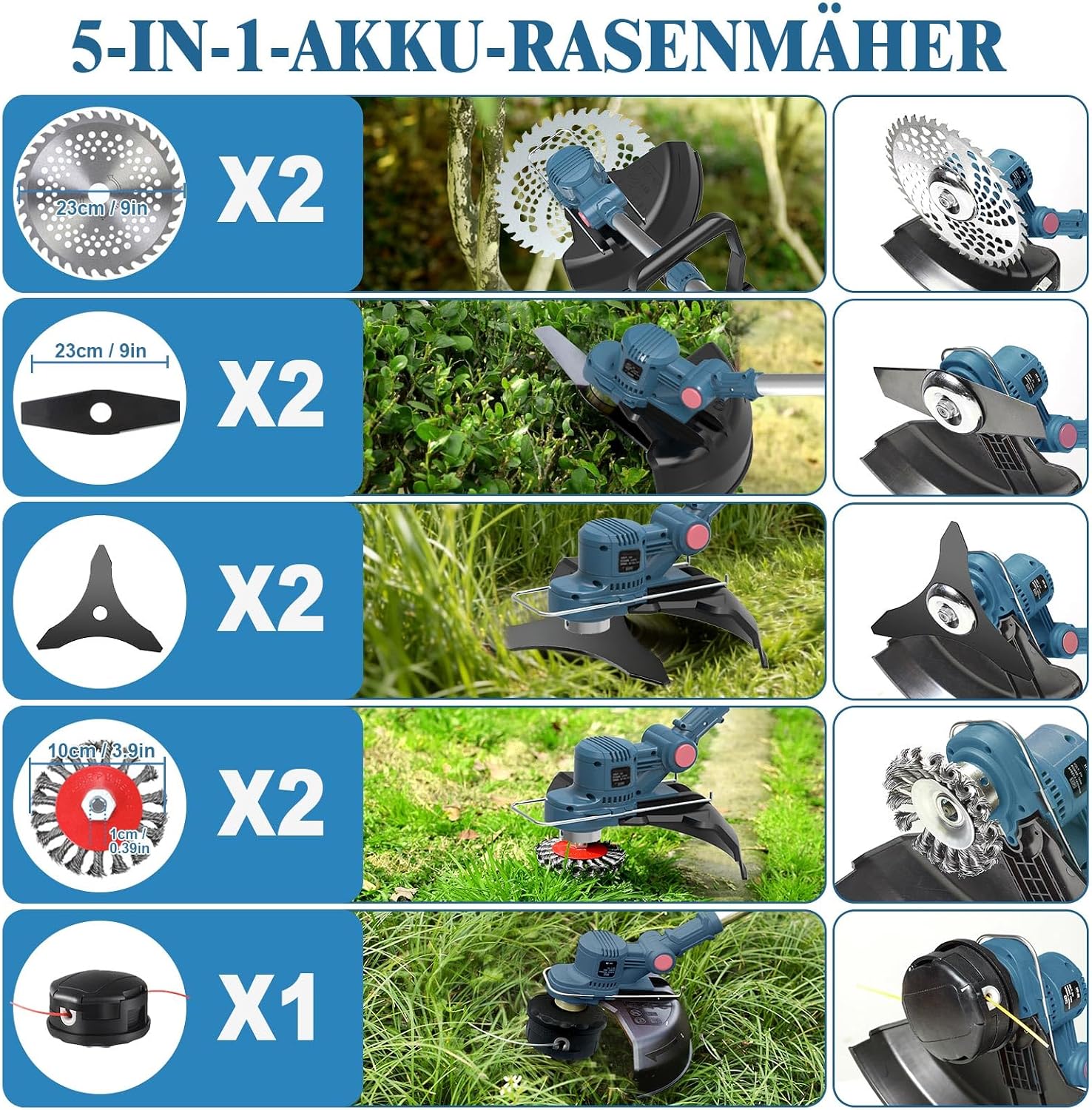 Detalle 2 de YEXLXLN Akku-Rasentrimmer mit 5 austauschbaren Klingentypen (21V), 22 cm Schnittbreite, inkl. 2× 4.0Ah-Akkus
