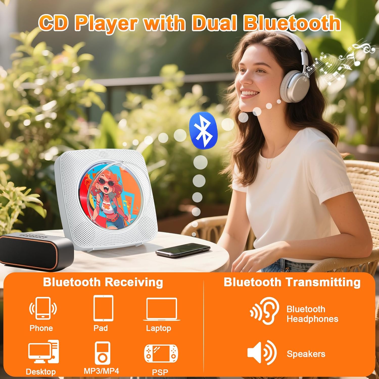 Detalle de Gueray portable Bluetooth CD player with rechargeable battery, FM radio, USB & AUX
