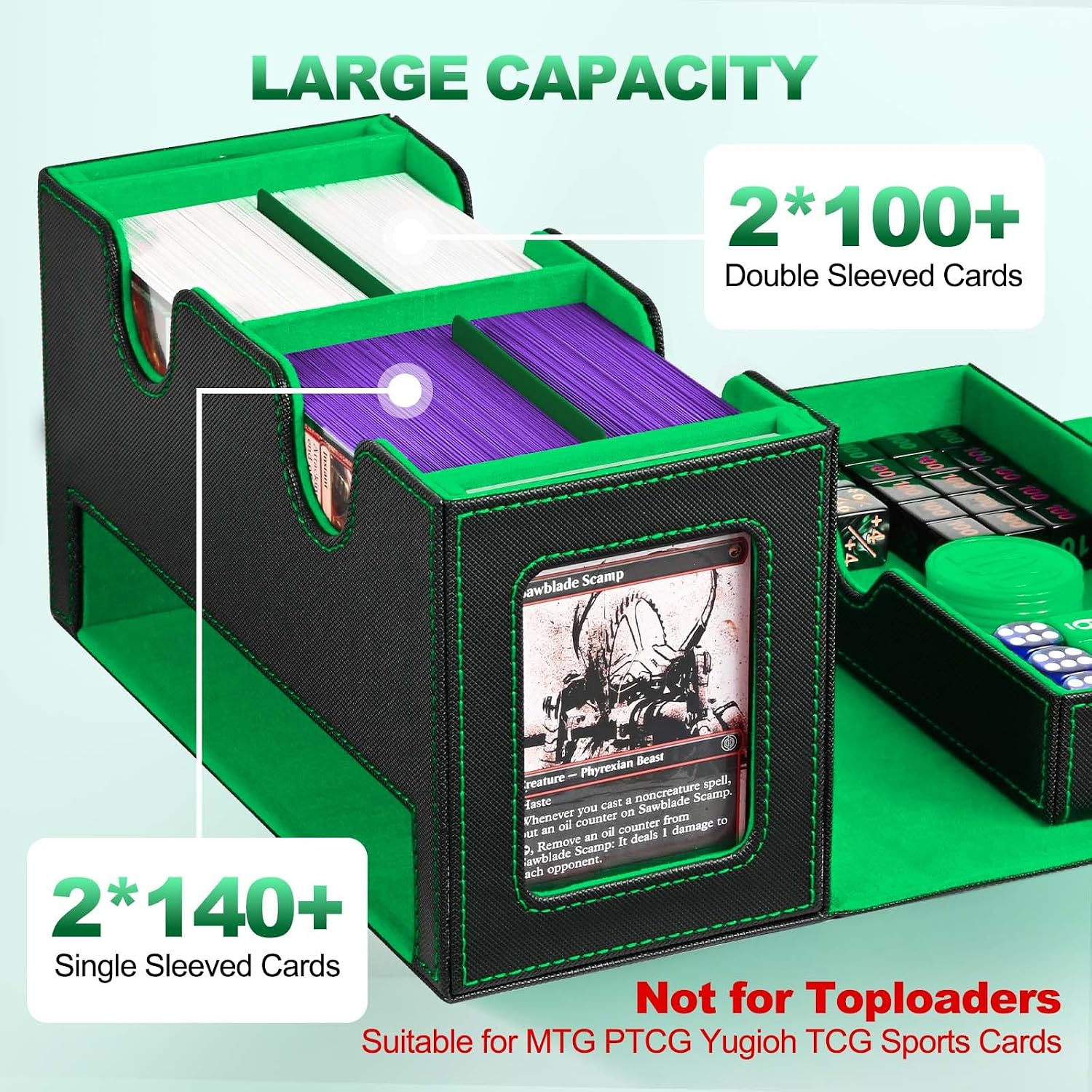 Thumbnail 3 de UAONO Karten-Organizer für MTG – Doppelkarten-Box mit Commander-Displays, Würfelablage und magnetischem Verschluss
