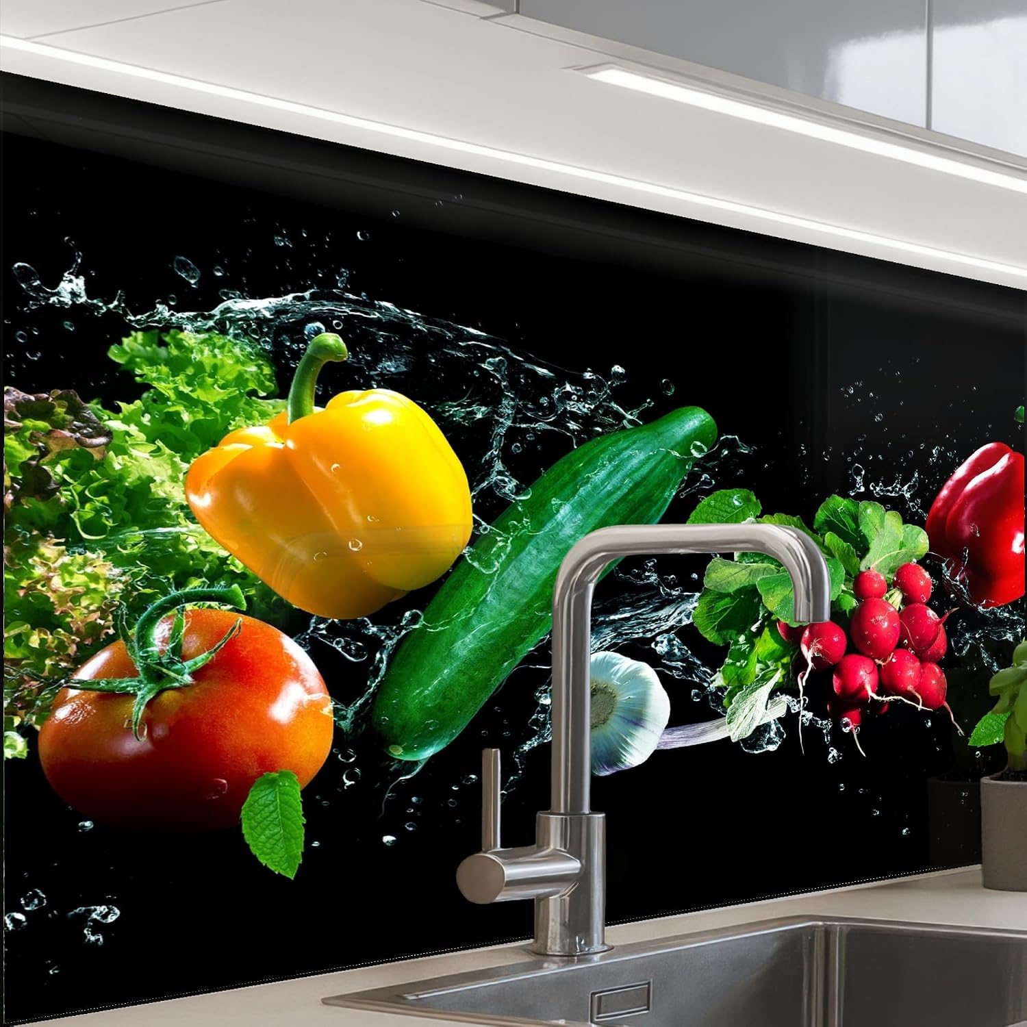 Detalle de KitchenYeah Küchenrückwand selbstklebend 60x80 cm (Spritzschutz, ohne Bohren) – Schwarz mit Glasoptik