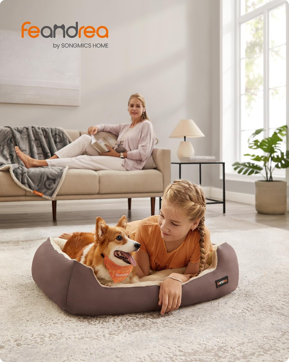 Detalle 2 de Feandrea Cuccia Cane Interno 85x65x21 cm – Tappeto Rimovibile e Bordi Rialzati, Marrone Caffè e Beige Sabbia