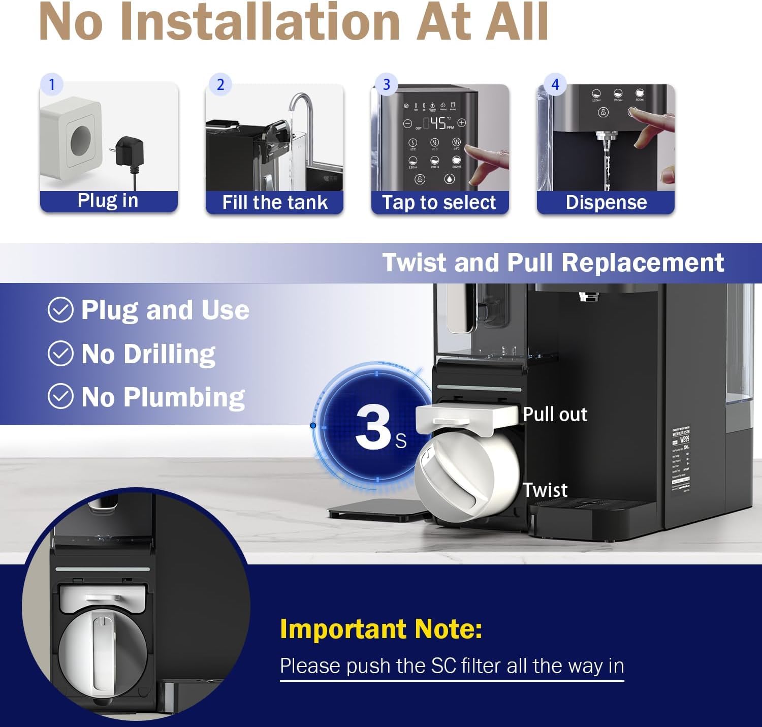 Detalle de Frizzlife WB99-H countertop reverse osmosis water filter with instant hot water dispenser