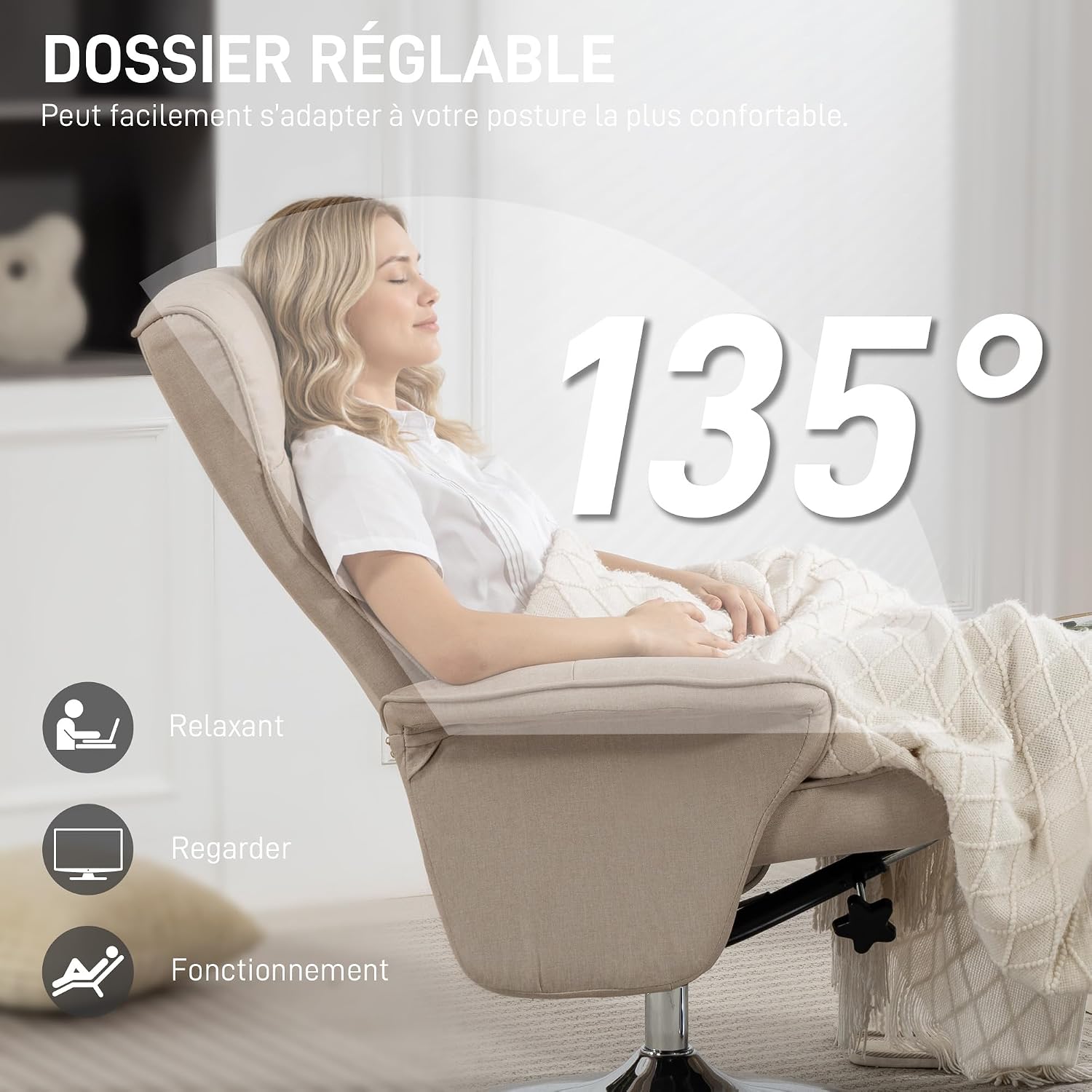 Thumbnail 3 de HOMCOM Fauteuil Relax inclinable 135° beige