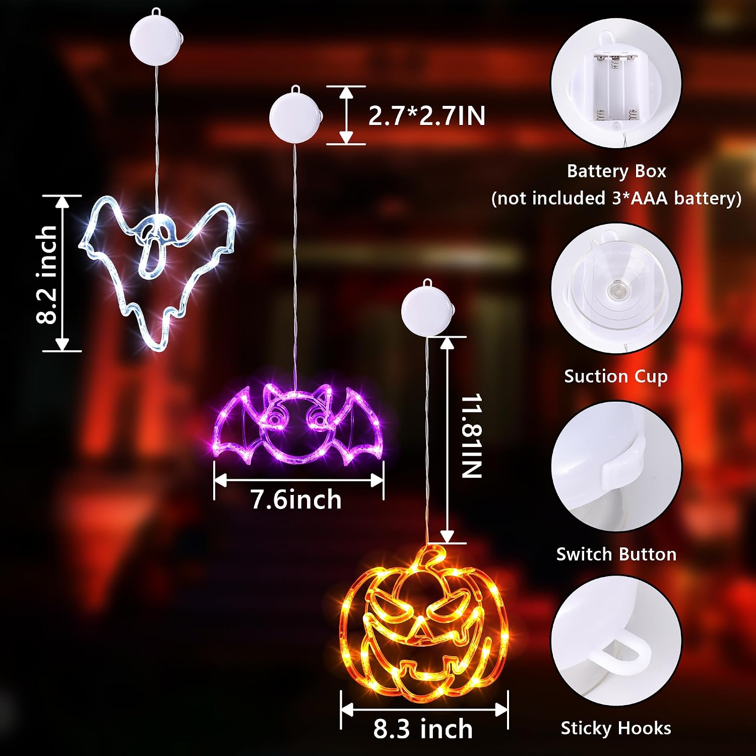 Detalle de Joomer Halloween Window Lights, 3-Pack with Ghost, Bat and Pumpkin Designs