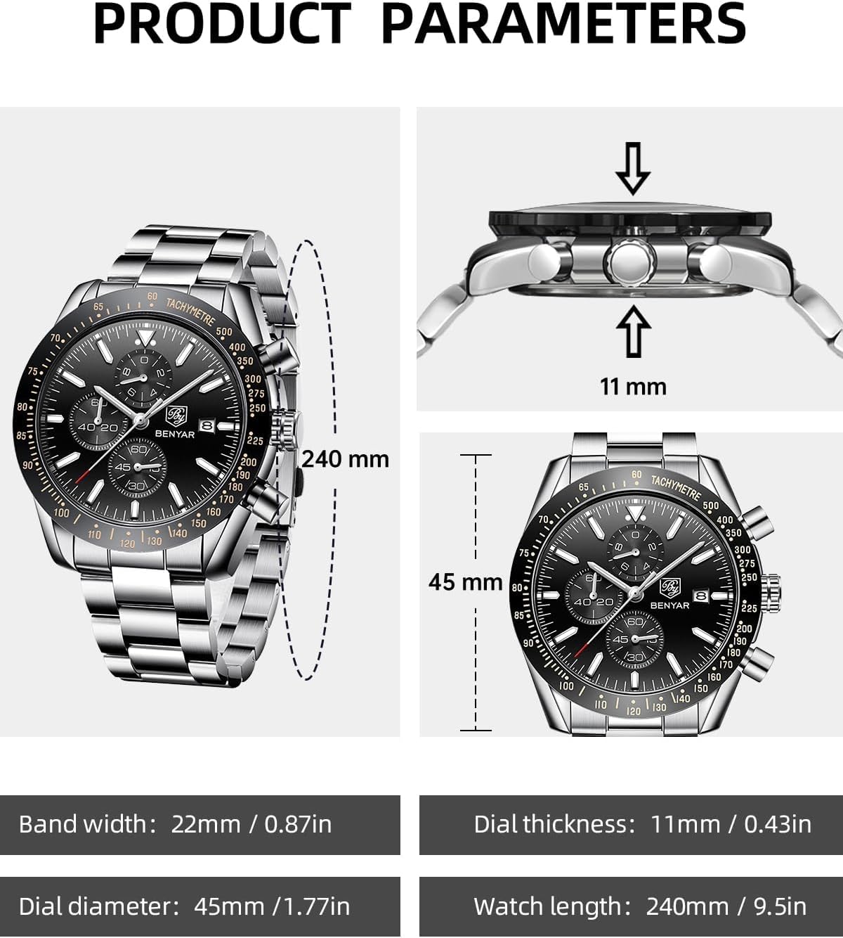Detalle 2 de BENYAR Herren-Chronograph 45 mm Analog Quarz