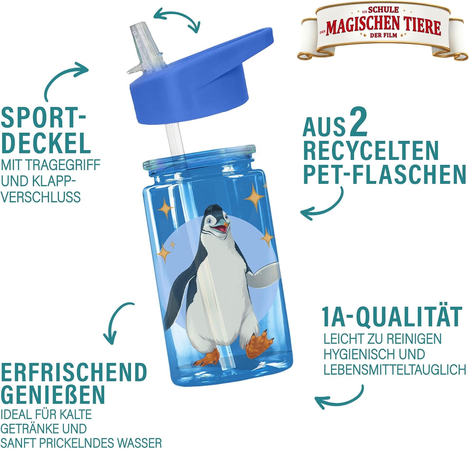 Detalle de AWAVE La Scuola degli Animali Magici Borraccia 400 ml con Cannuccia – Blu Juri, rPET, Senza BPA