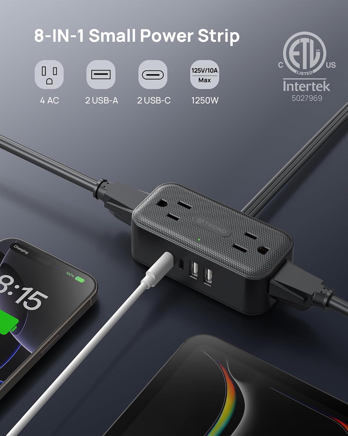 Detalle 2 de TROND TD-PS-US15SX Power Bar with 360° Rotating Plug, 4 Outlets & USB Ports
