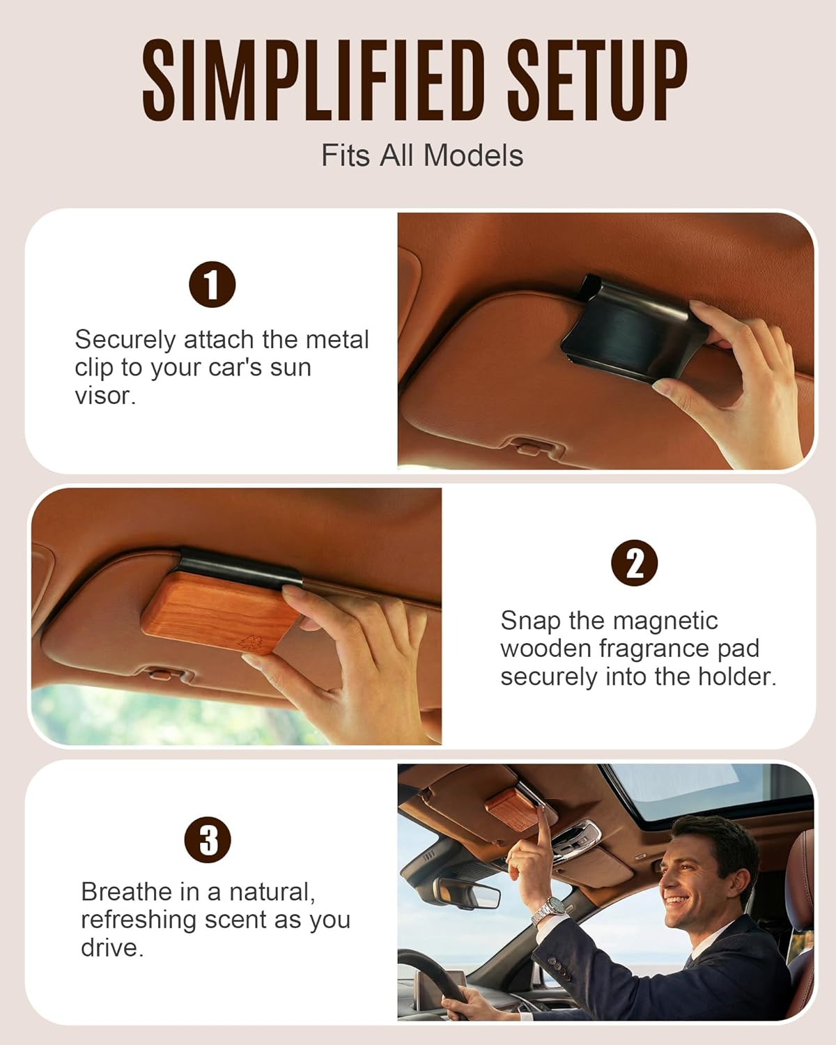 Detalle 2 de Natural Wooden Car Air Freshener Visor Clip (Teak/Coconut/Amber) with Refillable Wood Chips