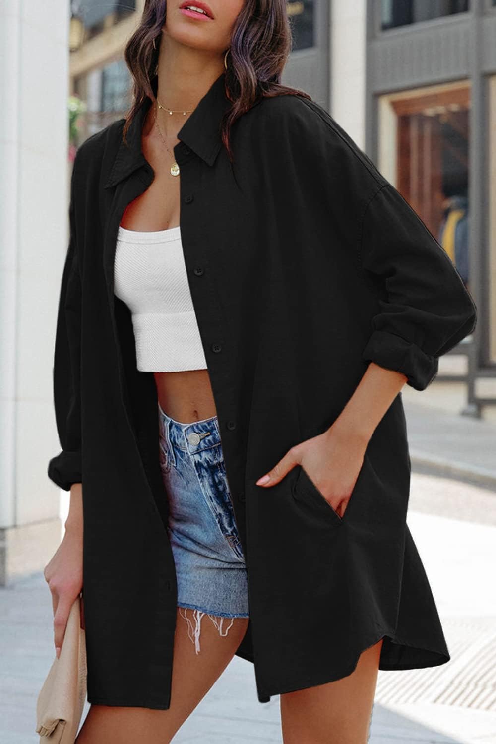 Thumbnail 4 de Cicy Bell Damen Oversized Langarm Button-Down Bluse aus Baumwolle – Einfarbig, mit Taschen