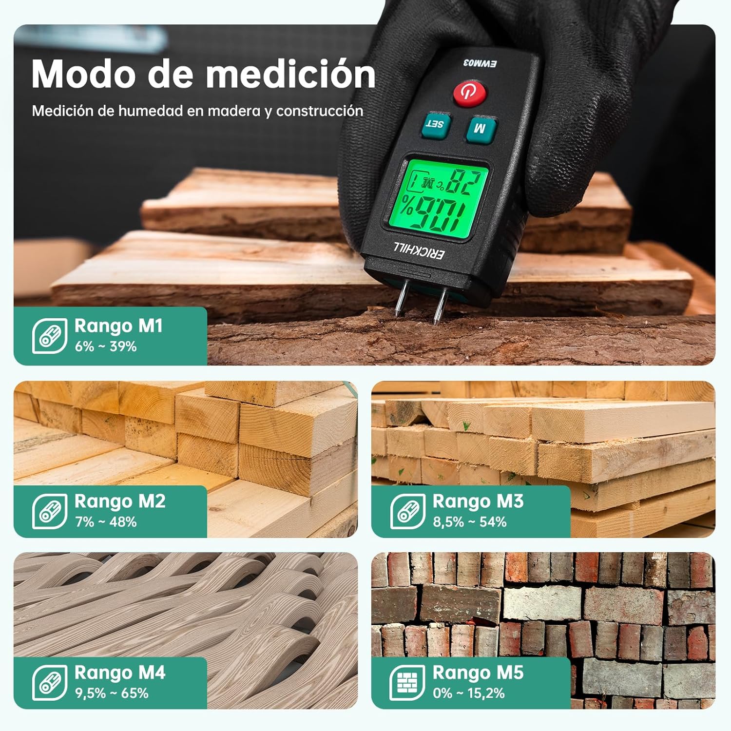 Thumbnail 2 de Medidor de Humedad ERICKHILL para Madera y Construcción 🪵