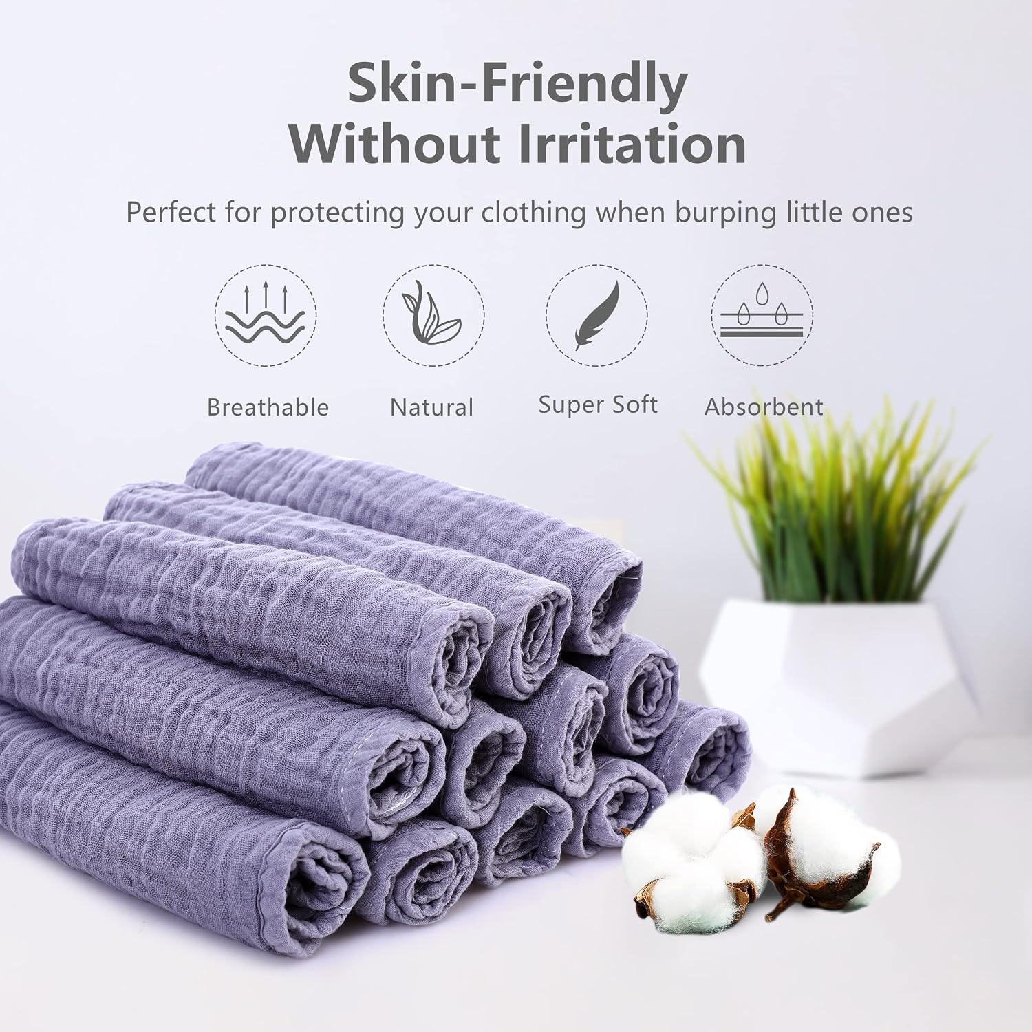 Detalle 2 de SWEET DOLPHIN Muslin Burp Cloths, 12-Pack, 100% Cotton, Gray