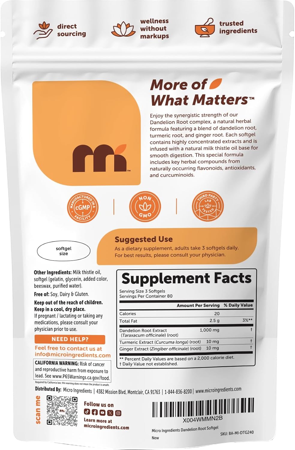 Detalle 2 de Micro Ingredients Dandelion Root Supplement 240 Softgels