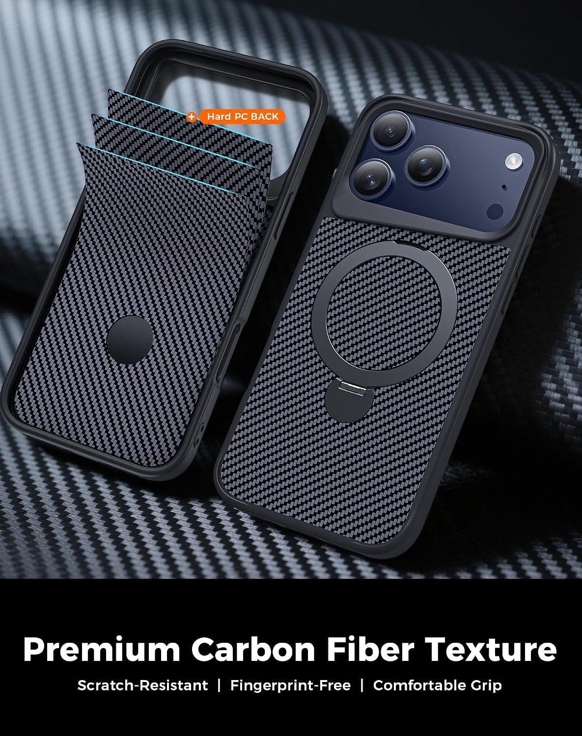 Detalle de Enlafavo 360° Ring Stand Case for iPhone 17 Pro Max — Carbon Fiber, MagSafe Compatible, 15FT Drop Protection