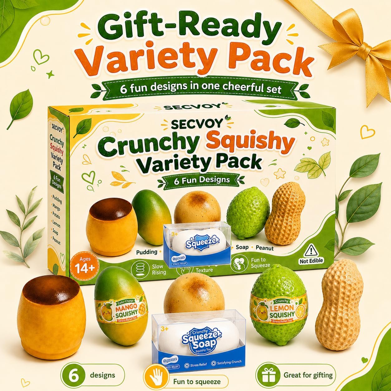 Detalle 2 de SECVOY Crunchy Squishy Set, 6 Slow-Rising Food-Shaped Fidgets