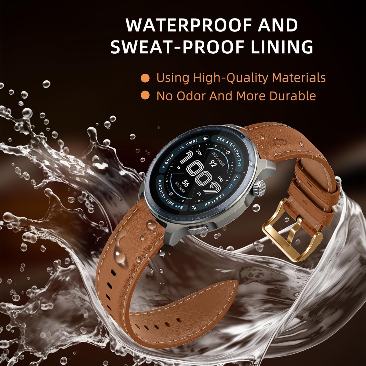 Detalle 2 de LanQii Lederarmband (22 mm) für Amazfit Active Max, T-Rex 3 Pro & weitere Modelle, braun
