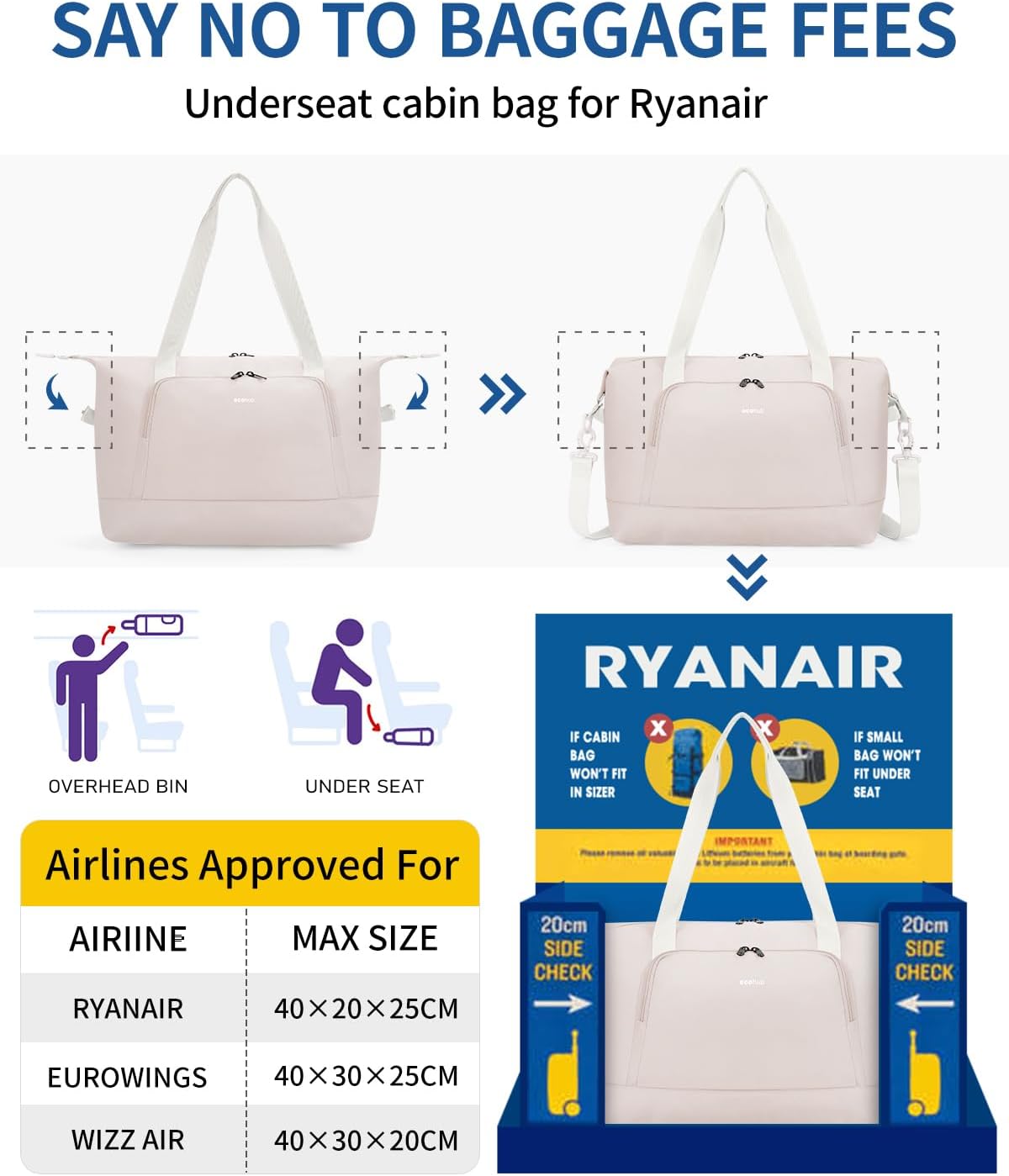 Thumbnail 1 de ECOHUB Ryanair Cabin Bag 40x20x25 — Underseat 24L, Foldable Travel Duffel with Wet Pocket, Beige