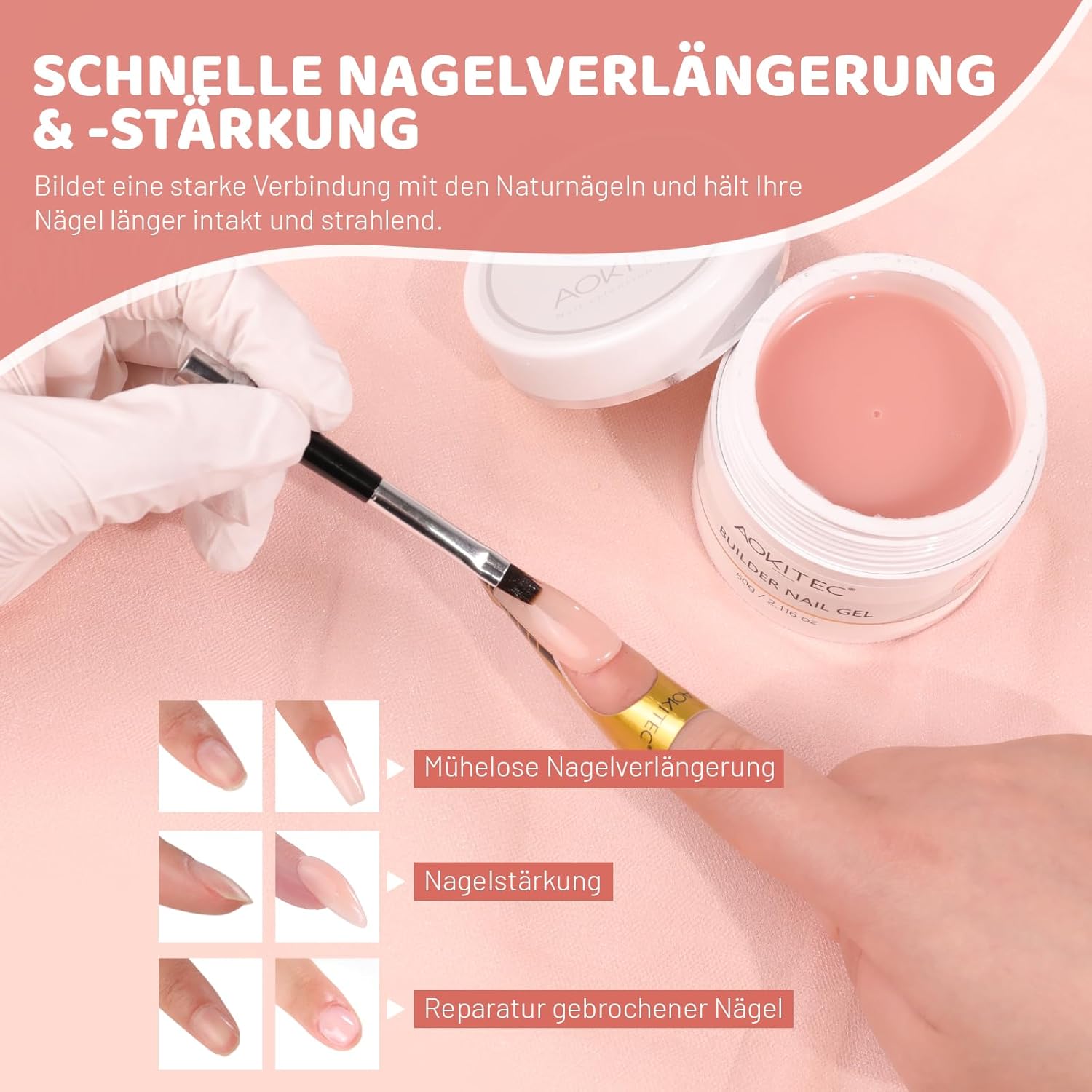 Detalle 2 de Aokitec Aufbaugel für Gelnägel – Nude Builder Gel Set für Nagelverlängerung & Nail Art, 60 g