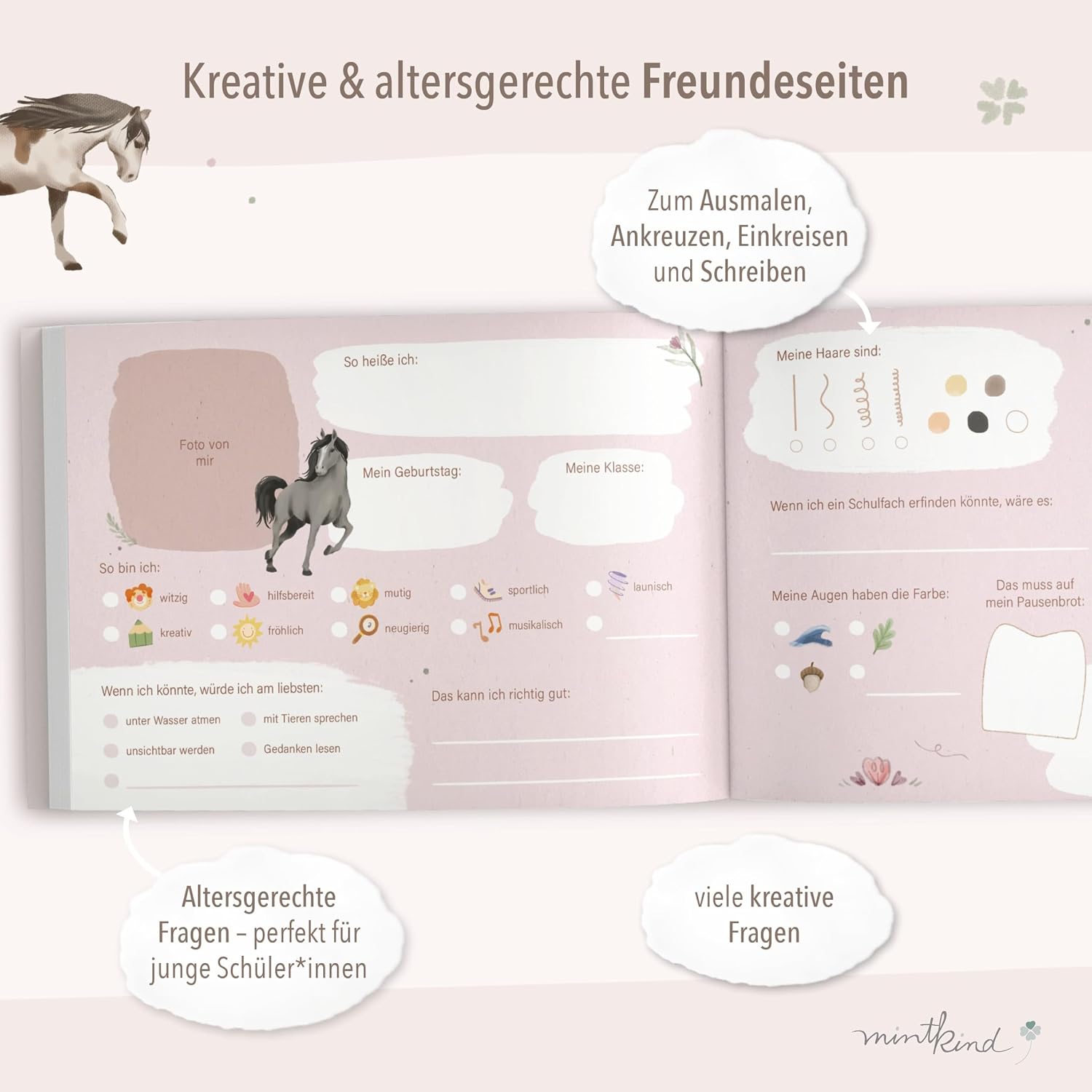 Detalle de mintkind® Schulfreundebuch Pferde für Mädchen (DIN A5, Hardcover, 30 Freundeseiten) – mit Geburtstagskalender & Malrätseln