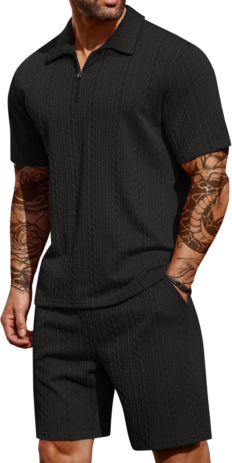 Detalle de COOFANDY Men's 2-Pieces Tracksuit: Quarter Zip Polo Shirt + Shorts Set