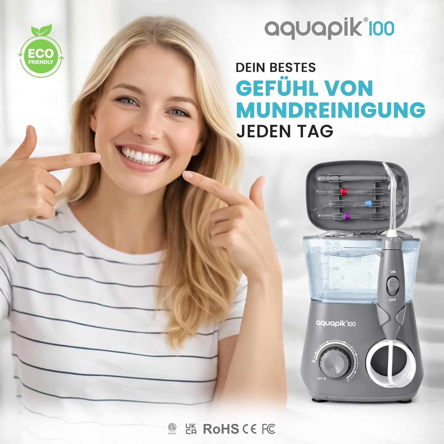 Detalle 2 de Aquapik 100 professionelle Munddusche mit 600-ml-Wassertank, 10 Druckstufen und 8 Aufsätzen, Grau