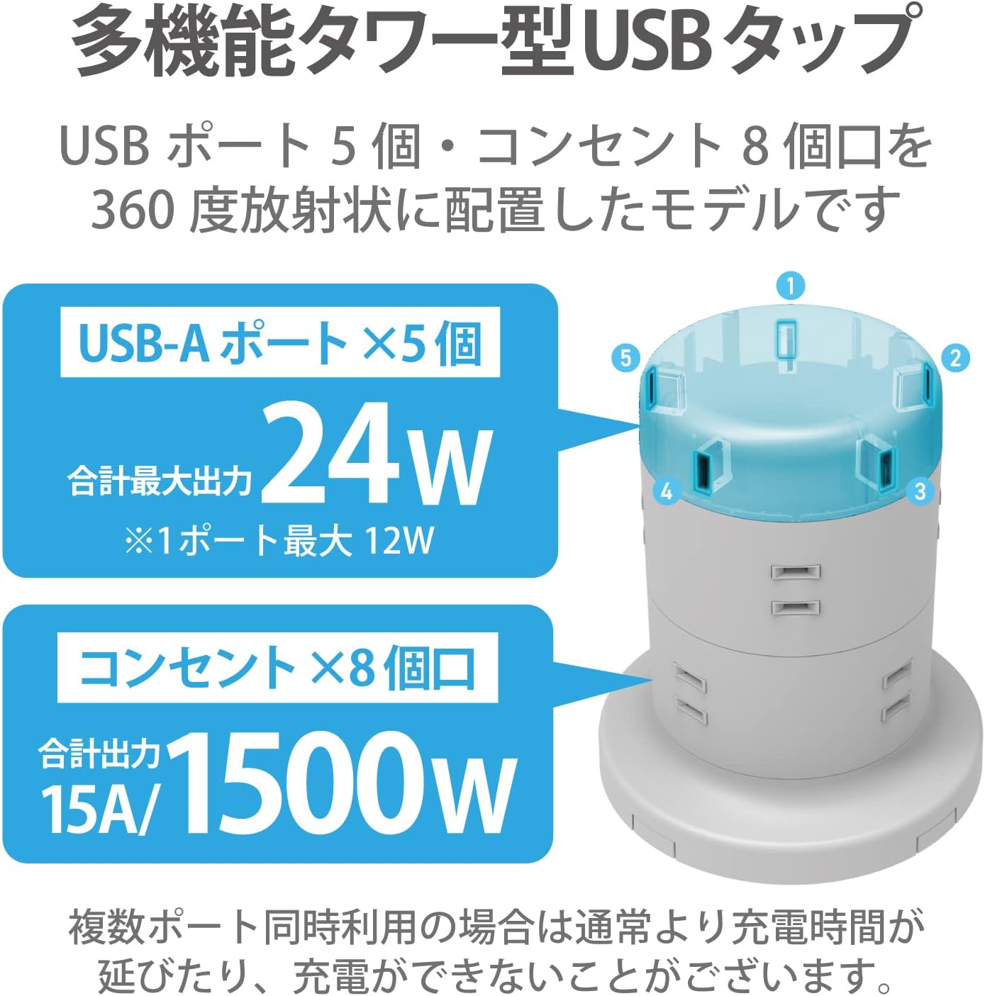 Detalle de エレコム ECT-0620WH タワー型電源タップ 8個口・USB-A 5ポート・雷ガード付き