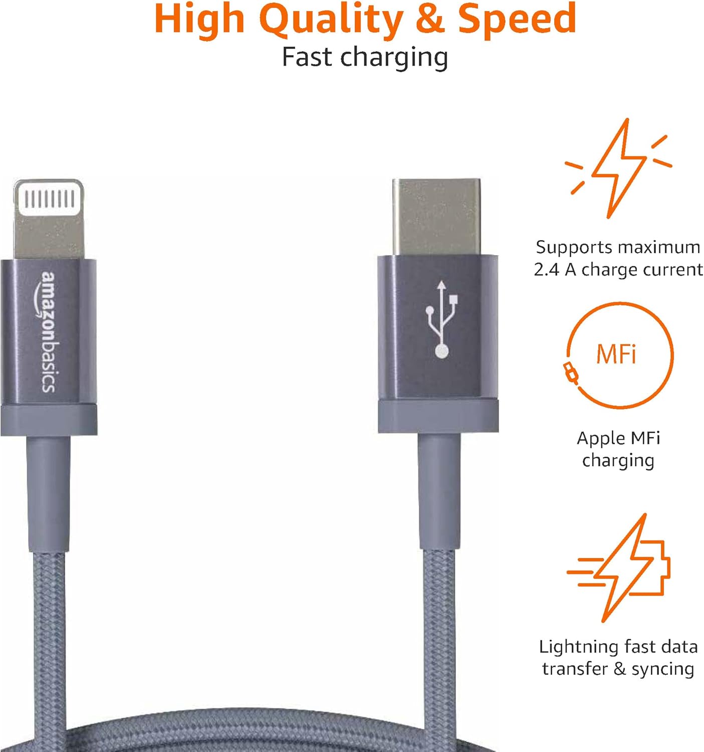 Thumbnail 2 de Amazon Basics Câble USB-C vers Lightning tressé en nylon certifié MFi, 0,9 m (gris foncé) pour iPhone