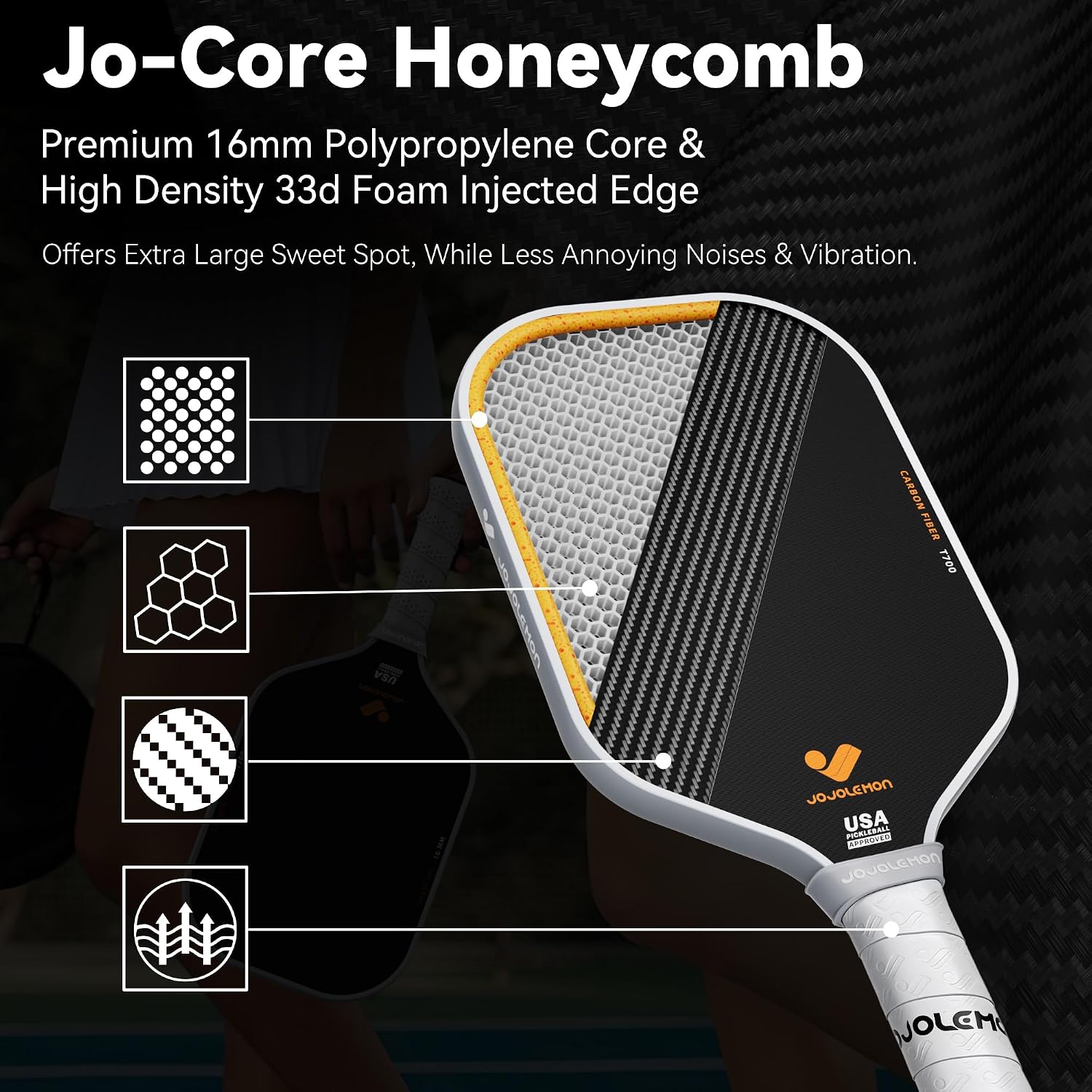 Detalle de JOJOLEMON 16mm Carbon Fiber Pickleball Paddle with Shark Power Polymer Core