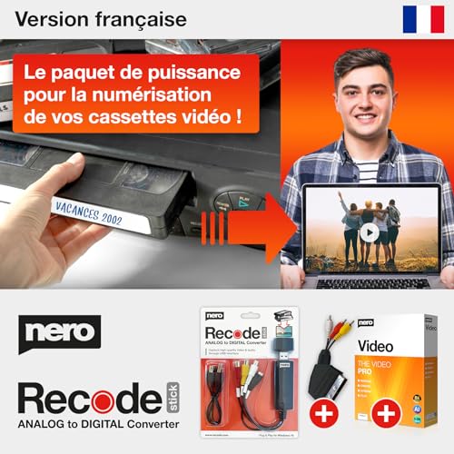 Nero VHS vers USB Video Grabber Recode Stick – Convertisseur analogique-numérique pour VHS, S‑VHS et Hi8